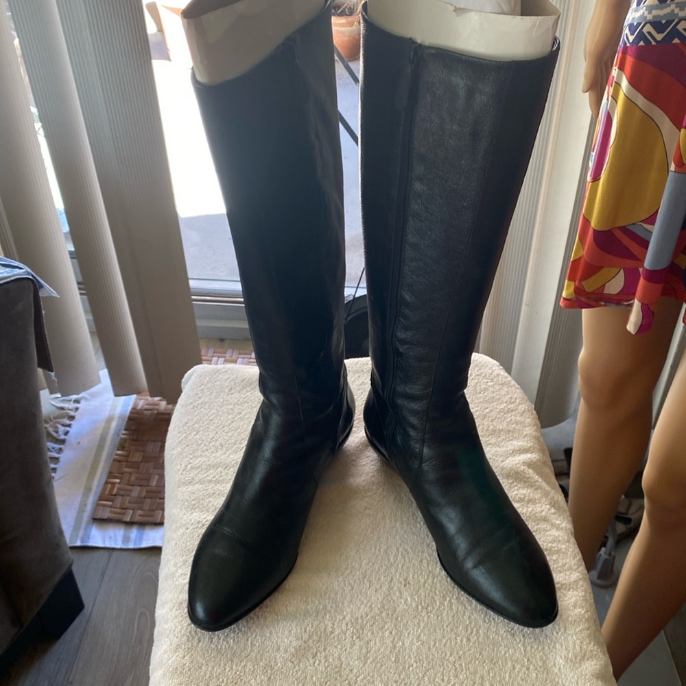 Cole Hann Tall low wedge leather boots black zip up